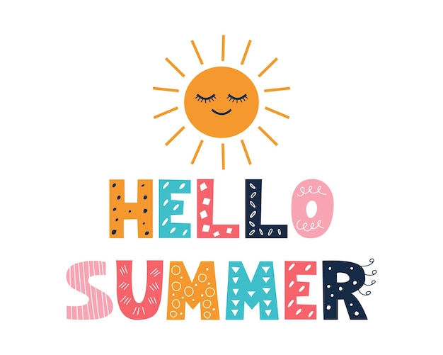 Вектор Красочная яркая надпись hello summer в стиле каракулей на белом фоне векторное изображение