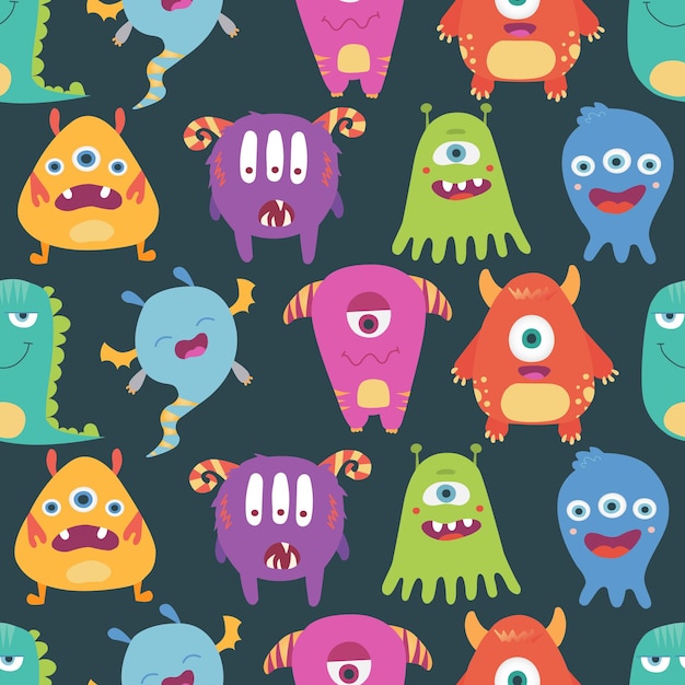 Colorful, bright vector seamless pattern with funny monsters, freaks on a white background.