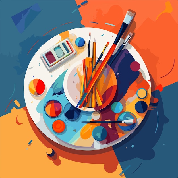 Colorful brush and palette with canvas flat design art concept