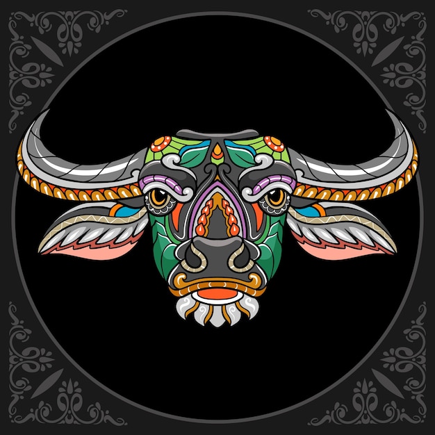 colorful buffalo head mandala arts isolated on black background