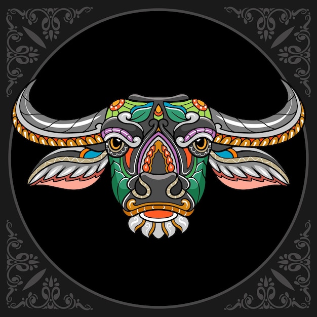 Colorful buffalo head mandala arts isolated on black background