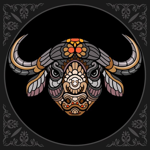 colorful buffalo head zentangle arts isolated on black background