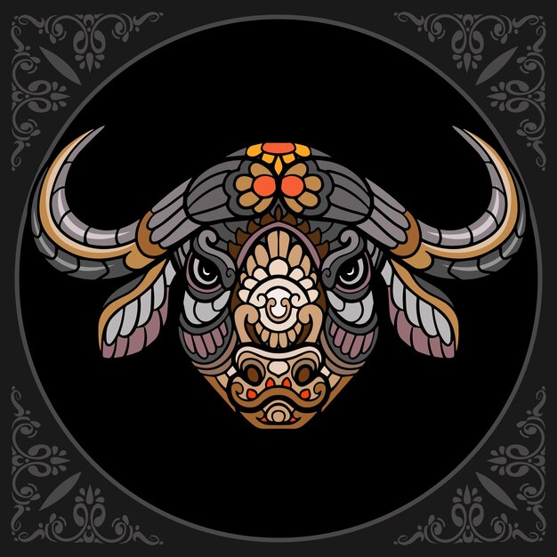 Colorful buffalo head zentangle arts isolated on black background