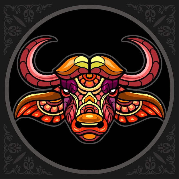 colorful buffalo zentangle arts isolated on black background