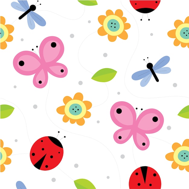 Vector colorful bugs in the garden seamless pattern