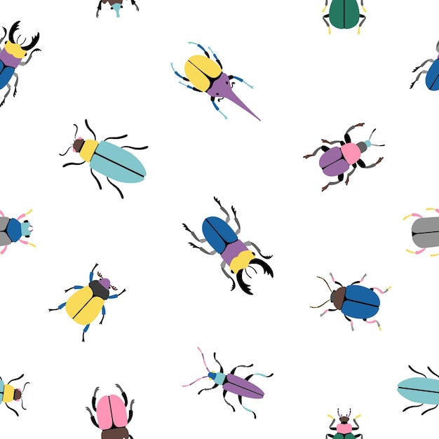 Modello senza cuciture di insetti colorati. cartoon carino insetti di botanica set di icone, illustrazione vettoriale coleotteri della scienza dell'entomologia isolati su sfondo bianco