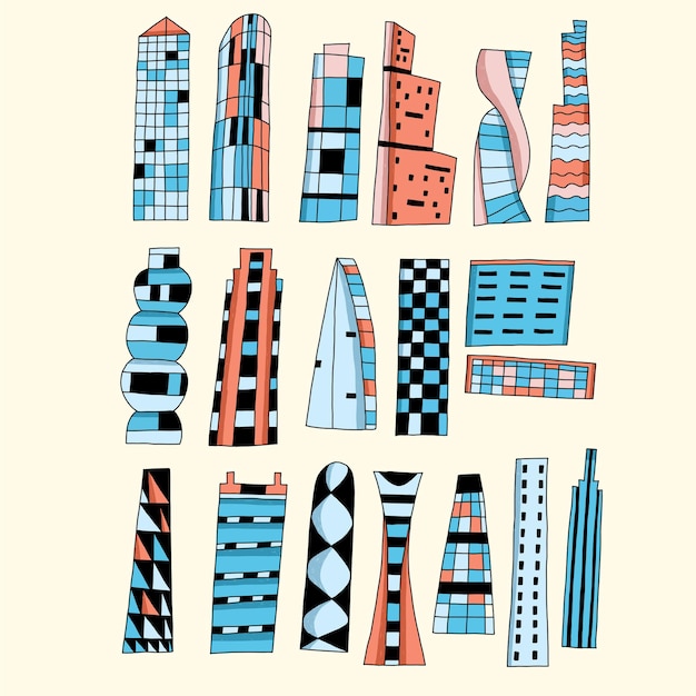 벡터 다채로운 건물 손으로 그린 평면 그림 현대 주택 건축 컬렉션 세트
