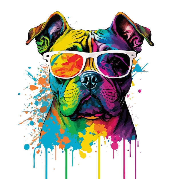 Vettore bulldog colorato che indossa occhiali da sole in stile pop art.