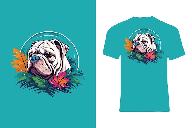 Colorful Bulldog with Tropical Foliage Background in Vector Style TShirt Design