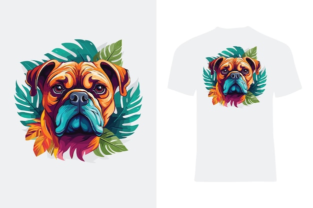 Colorful Bulldog with Tropical Foliage Background in Vector Style TShirt Design