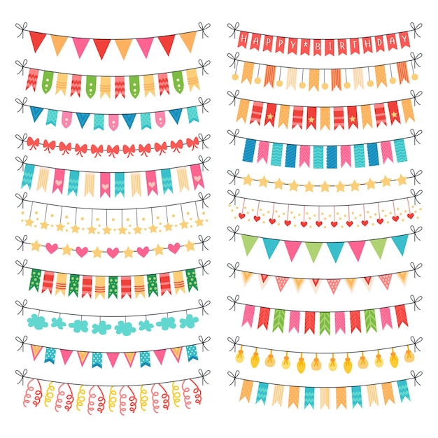Vector colorful bunting and bright garland set isolated