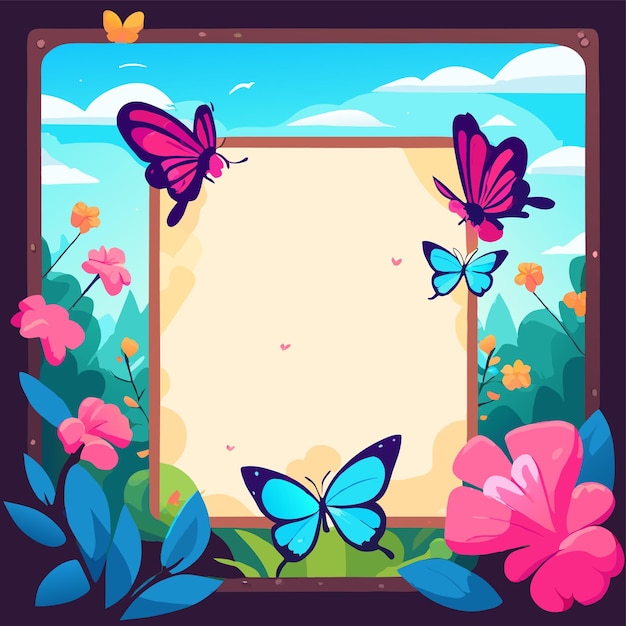 Vector colorful butterfly flower frame hand drawn flat stylish cartoon sticker icon concept isolated