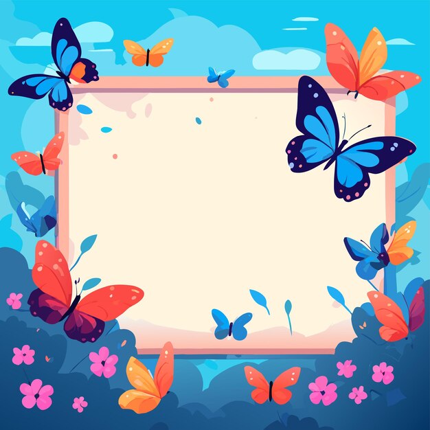 Vector colorful butterfly flower frame hand drawn flat stylish cartoon sticker icon concept isolated
