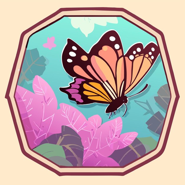 Colorful butterfly flower frame hand drawn flat stylish cartoon sticker icon concept isolated