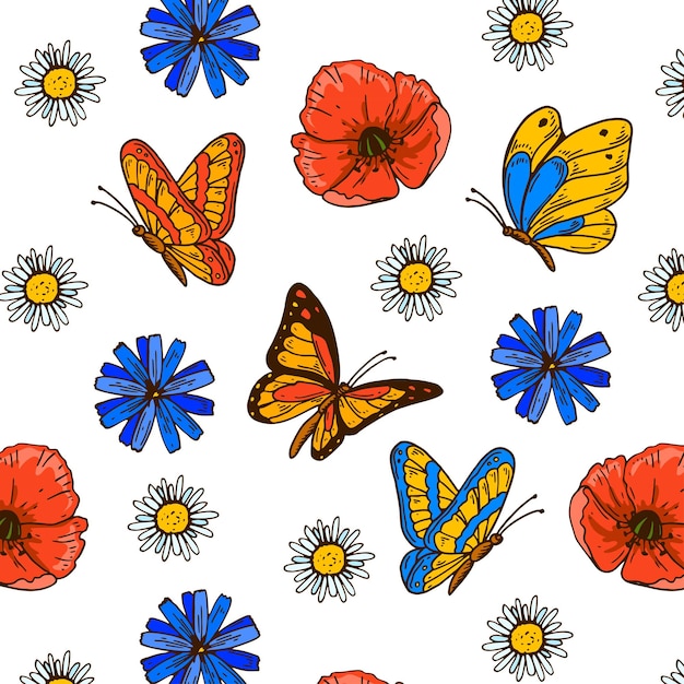 Colorful butterfly seamless pattern with poppies and chamomiles Summer design Hand drawn vector illustration