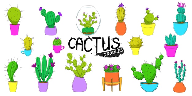 Colorful cactus doodle illustration set Isolated on white background