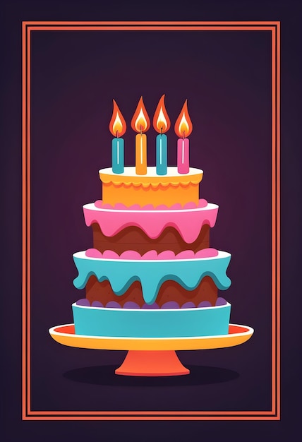 Vector a colorful cake with candles lit up on top and frames arround it