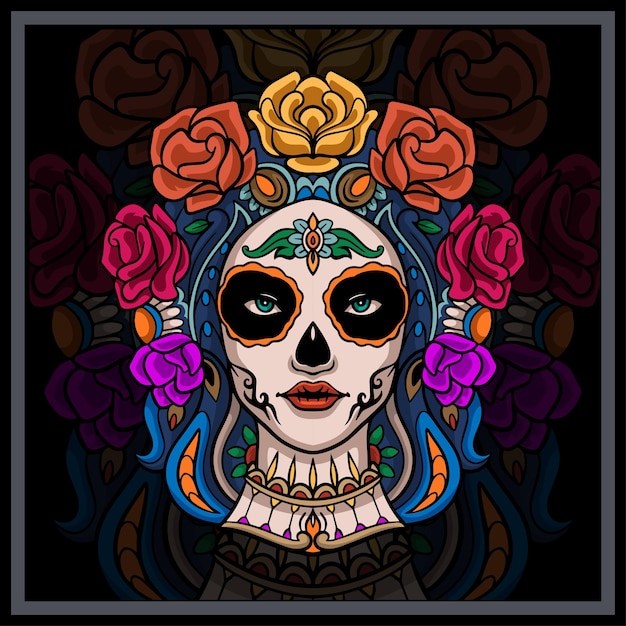 Vector colorful calavera girl head mandala arts