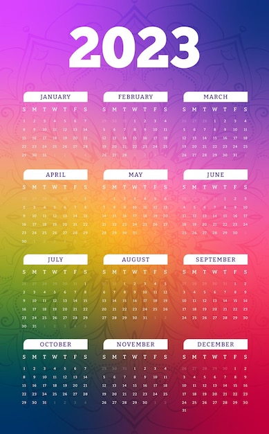 Vettore calendario colorato per l'anno 2023