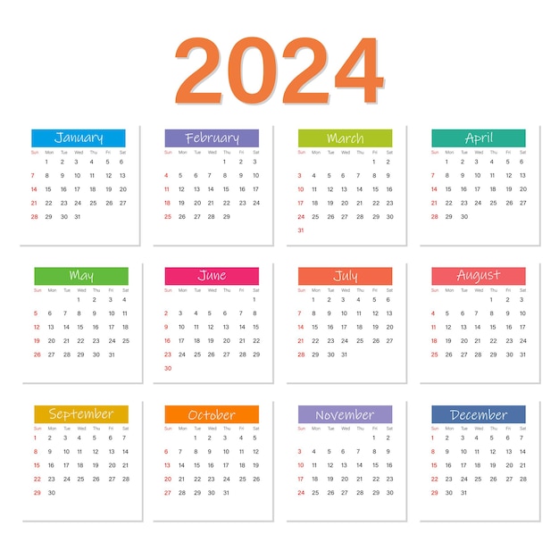 Calendario colorato 2024 modello vettoriale semplice design minimalista