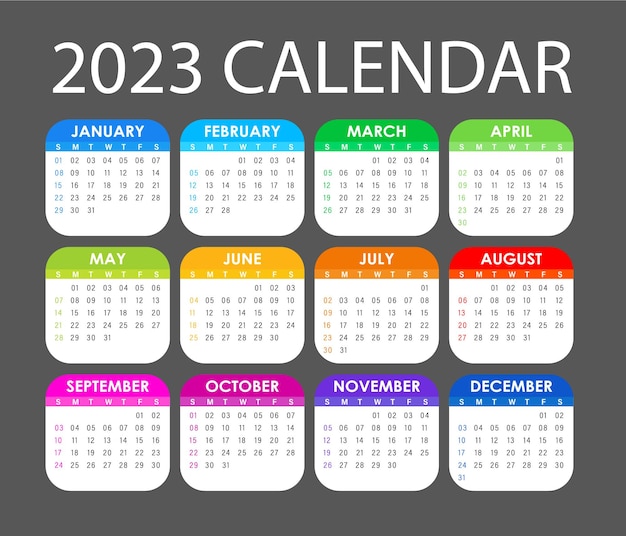 Красочный шаблон векторного дизайна 2023 календаря, простой и чистый дизайн. Календарь на 2023 год
