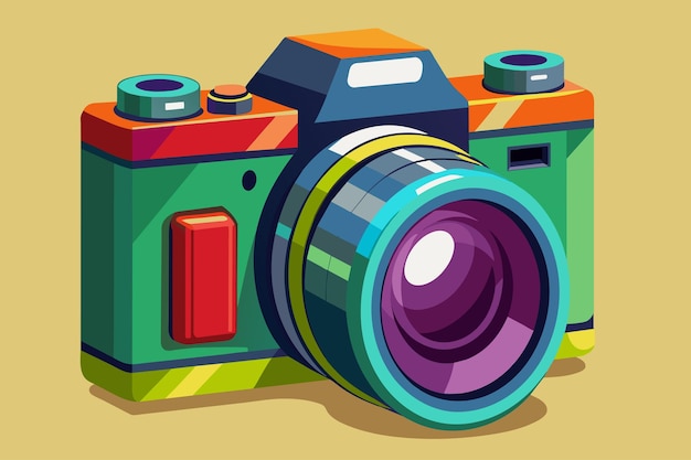 A colorful camera with a purple lens