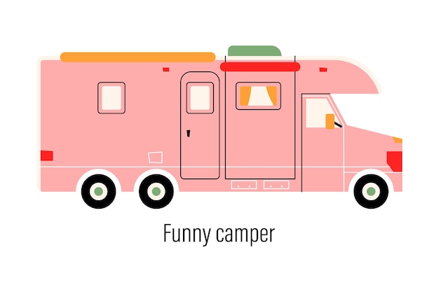 Colorful camper. Entertainment car. Mobile home for out-of-town recreation and outdoor recreation.