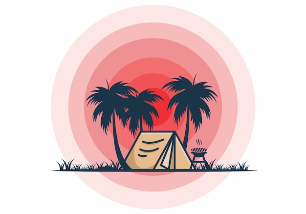 Colorful camping tent and coconut trees illustration