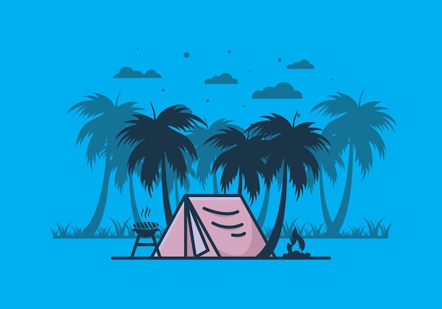 Colorful camping tent and coconut trees illustration