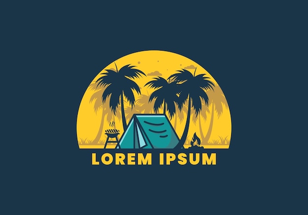 Красочная палатка для кемпинга и иллюстрация кокосовых пальм