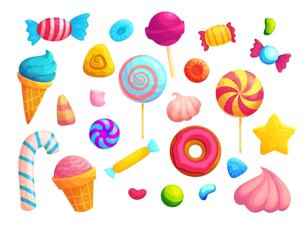カラフルなキャンディーとロリポップの漫画イラストセット。アイスクリームコーン、マシュマロ、ドーナツのステッカーパック。