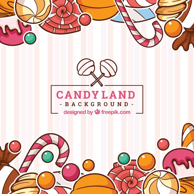 Vector colorful candy land background in hand drawn style