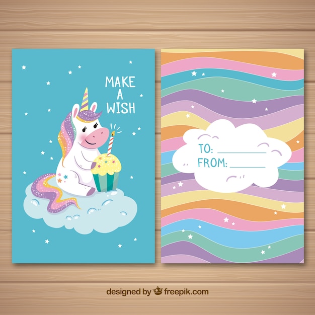 Vector colorful card with cute unicorn and cupcake