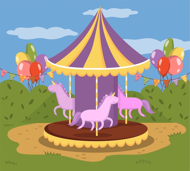 Colorful carousel with horses, merry go round in an amusement park   illustration, colorful  