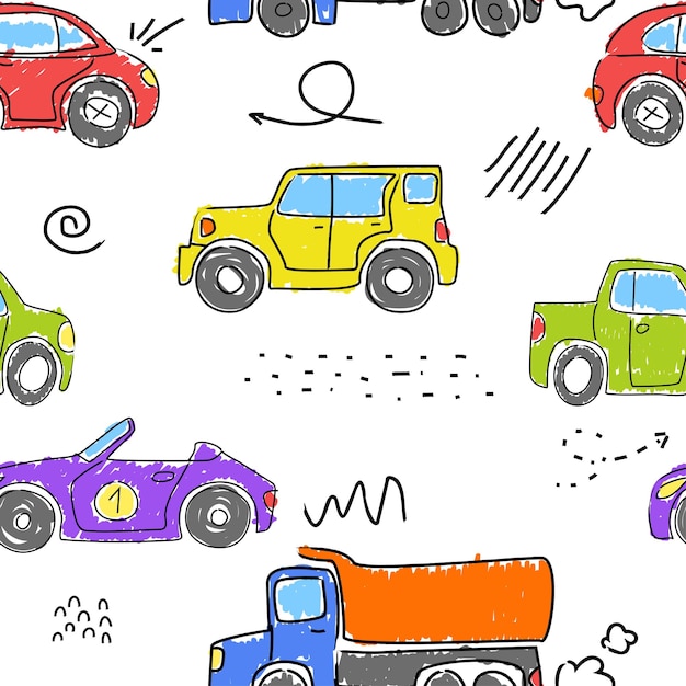 Vector colorful cars are drawn with a marker. funny cars. seamless background. vector hand drawn.