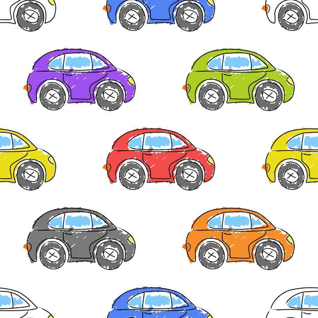 Auto colorate disegnate con un pennarello. auto divertenti. collezione vettoriale disegnata a mano per decorare la stanza dei bambini con un simpatico motivo senza cuciture per articoli per bambini, tessuti, sfondi, imballaggi, copertine.