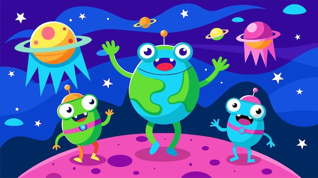 Colorful cartoon aliens on a distant planet with space elements vector illustration