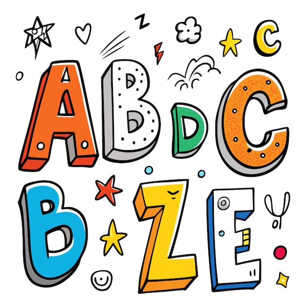 Colorful cartoon alphabet letters with doodle elements Premium AI