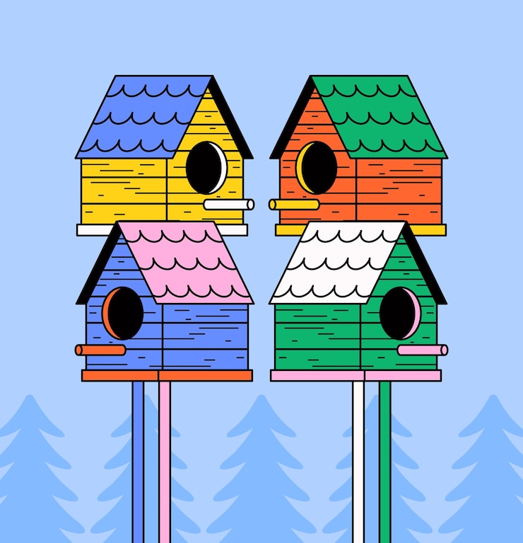 Vector colorful cartoon birdhouses on poles in the jungle cartoon illustration vector