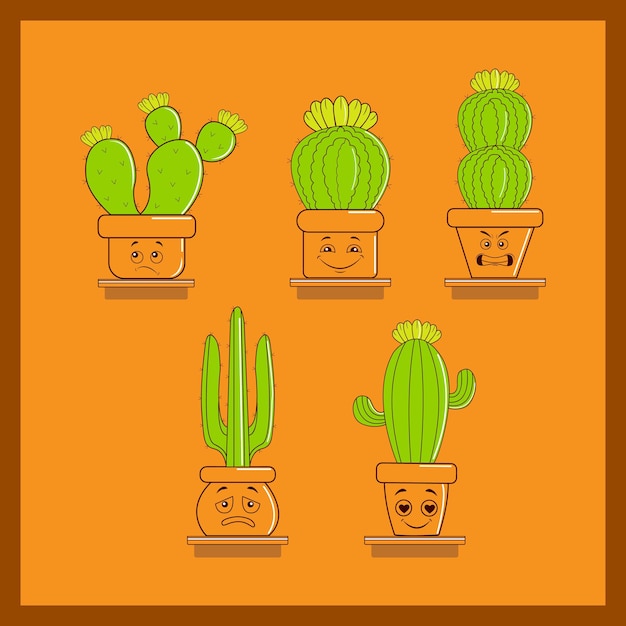 Colorful cartoon cactus and pots with different emotions