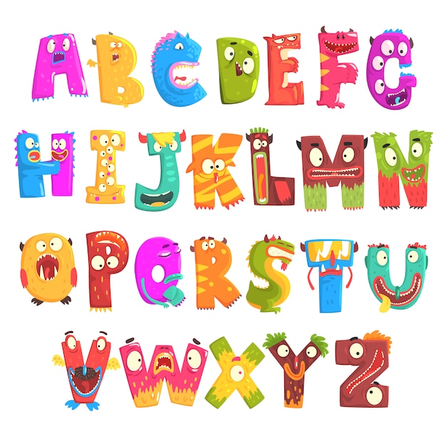 Vector colorful cartoon children english alphabet with funny monsters. education and development of children detailed colorful illustrations