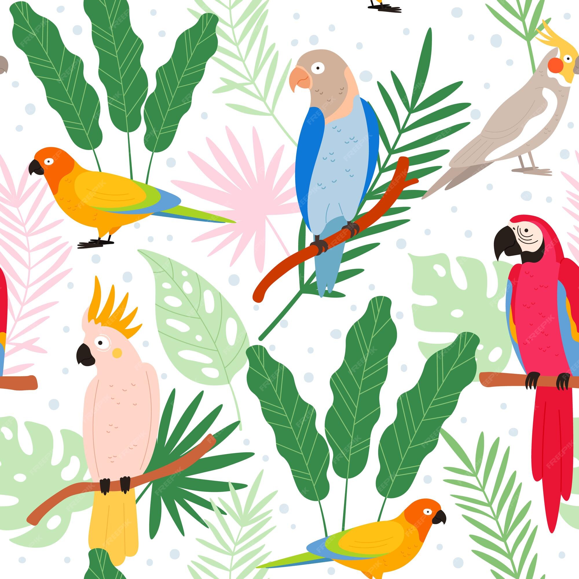 Premium Vector | Colorful cartoon exotic parrots and tropical leaves seamless pattern. cockatoo, macaw, colombia paradise bird. flat wild parrot vector print Premium Vector | Colorful cartoon exotic parrots and tropical leaves seamless pattern. cockatoo, macaw, colombia paradise bird. flat wild parrot vector print