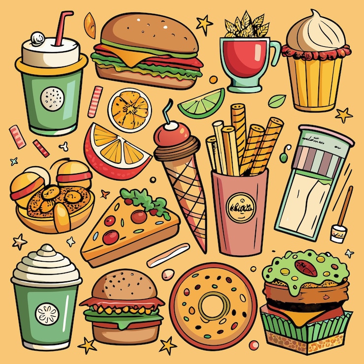 Vector colorful cartoon fast food illustration with burgers drinks desserts and snacks