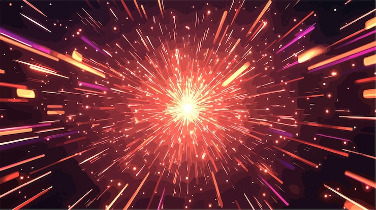 Vector colorful cartoon fireworks display in wide angle centered composition