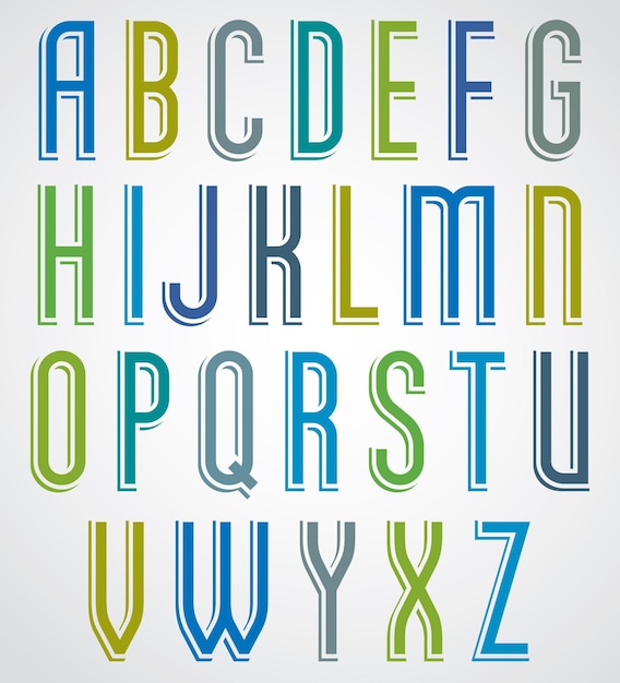 Colorful cartoon font, slim comic upper case letters with white outline.