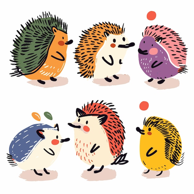 Vector colorful cartoon hedgehogs illustrated various poses expressions playful handdrawn style