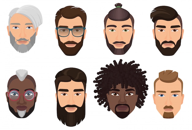 Красочные мультфильм битники бородатые мужчины парни аватары с различными прическами, бородами и усами изолированы.