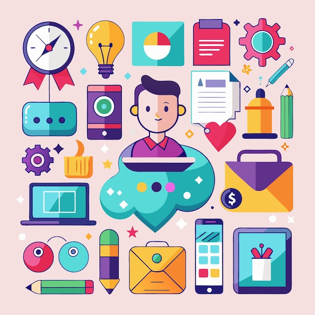 Colorful Cartoon Icons Digital Communication Business and Technology