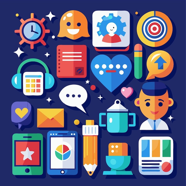 Colorful Cartoon Icons Digital Communication Business and Technology