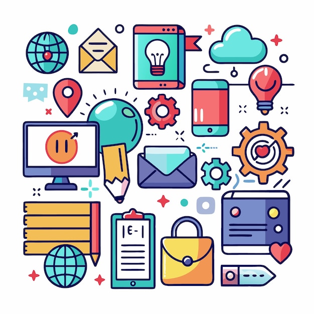 Colorful Cartoon Icons Digital Communication Business and Technology